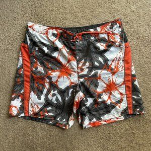 Nike Swim Trunks Men's XL Gray/Orange Floral Mesh Lined Board Shorts Drawstring